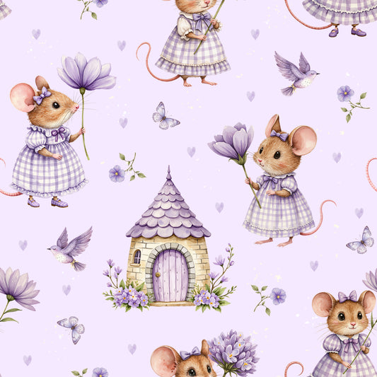 Trikoo 200g: Hiiret ja kukat laventeli